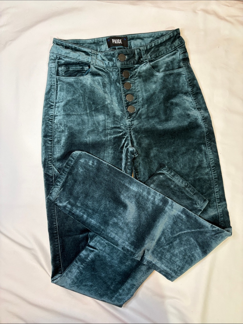 Atlantic Mermaid Teal Velvet PAIGE Hoxton Ankle Pant Skinny Leg Button Fly 26